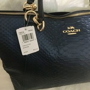 New Coach Blue Metallic Embossed Leather Ava Tote